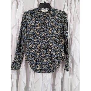 Vintage Lady Manhattan Black w/Floral Print Cotton Long Sleeve Button Up Size 12